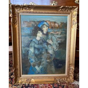 Hst Impressionist Painting By Daniel Jaugey Couple On The Port 