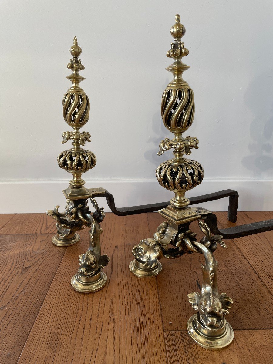 Pair Of Andirons - Gilt Bronze - Neo Gothic - Dolphins-photo-3