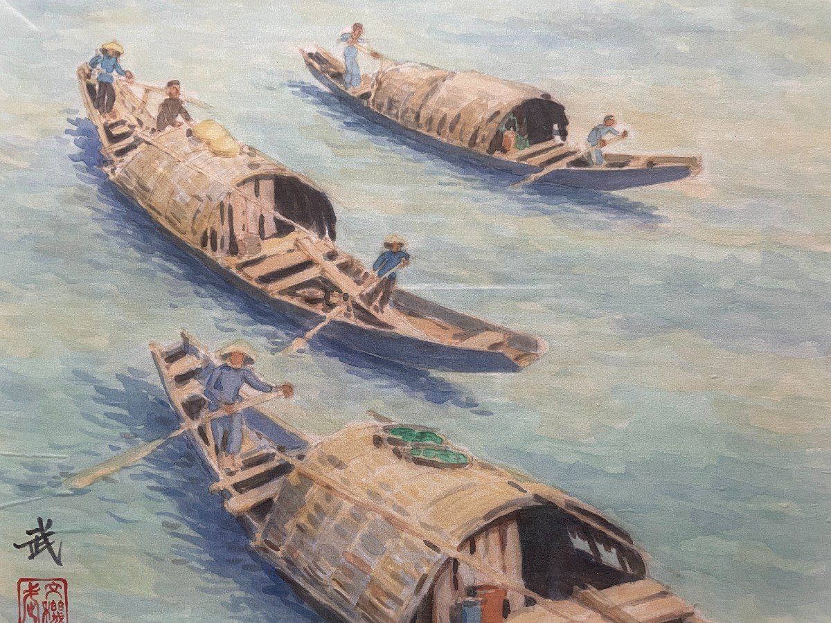 Vo Van Ky (1923-) - Sampans - Vietnam Indochina-photo-2