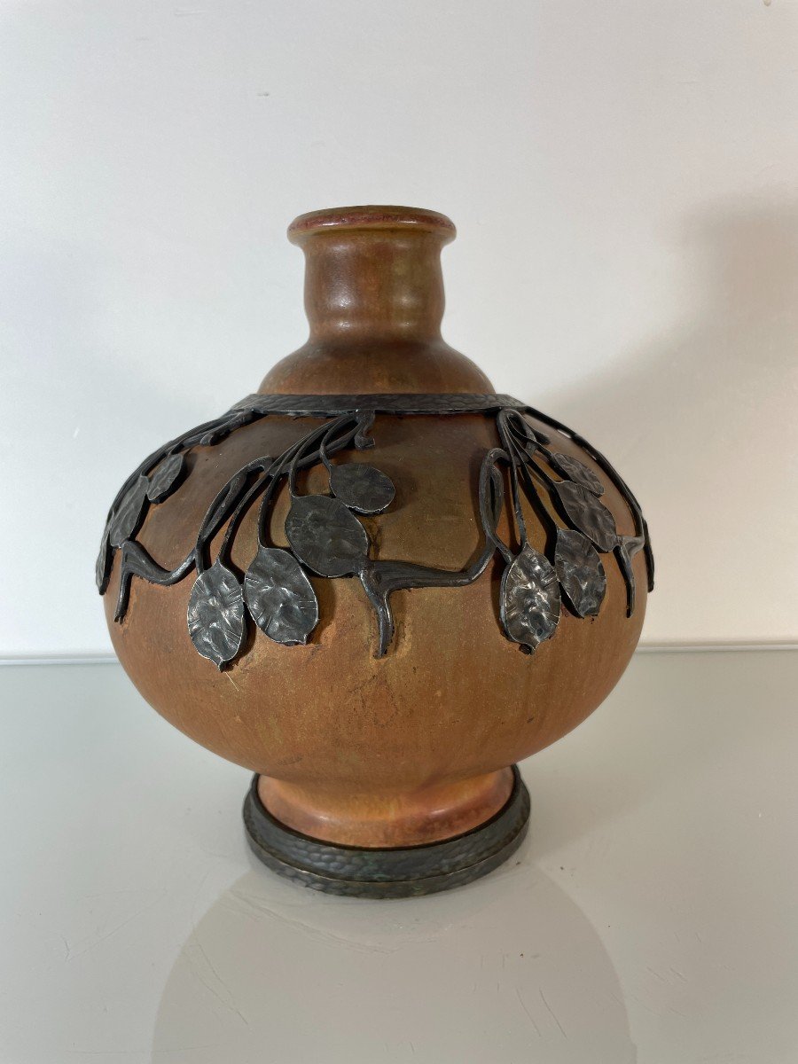 Rare Denbac Ceramic Vase - Art Nouveau Metal Decoration