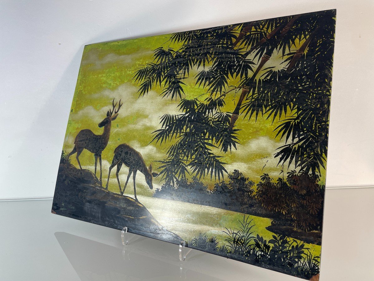 Indochina - Vietnam - Lacquer On Wood Panel - Deer Decor-photo-3