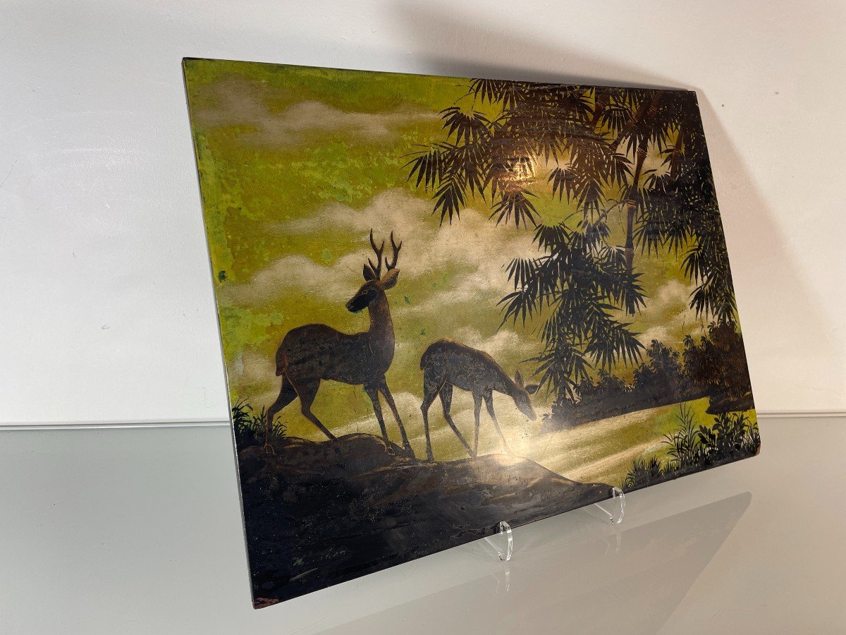 Indochina - Vietnam - Lacquer On Wood Panel - Deer Decor-photo-4