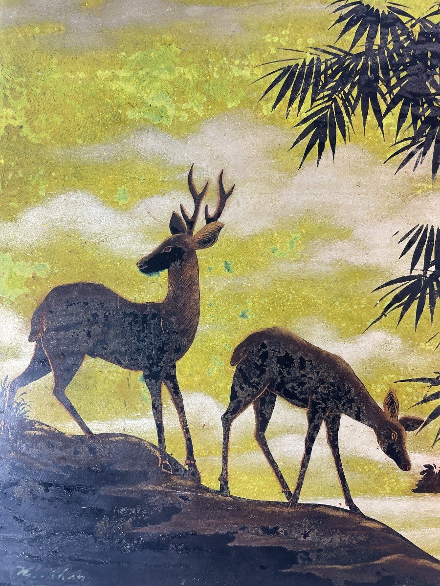 Indochina - Vietnam - Lacquer On Wood Panel - Deer Decor-photo-1