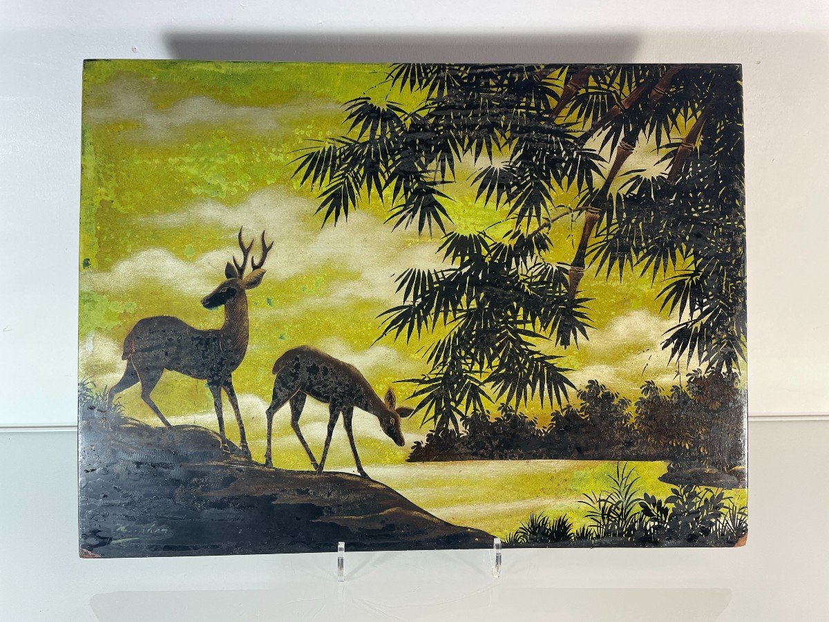 Indochina - Vietnam - Lacquer On Wood Panel - Deer Decor