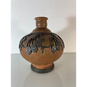 Rare Denbac Ceramic Vase - Art Nouveau Metal Decoration