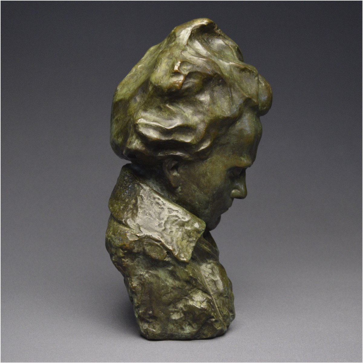 French School, Late 19th - Early 20th Century, Important Bust Representation Of Ludwig Van Beethoven, Bronze With Green Patina-photo-4