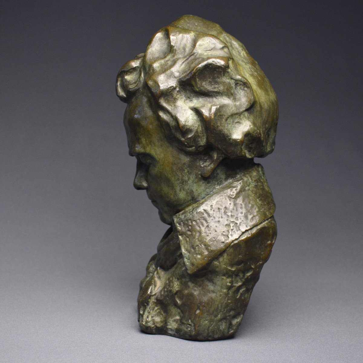 French School, Late 19th - Early 20th Century, Important Bust Representation Of Ludwig Van Beethoven, Bronze With Green Patina-photo-1