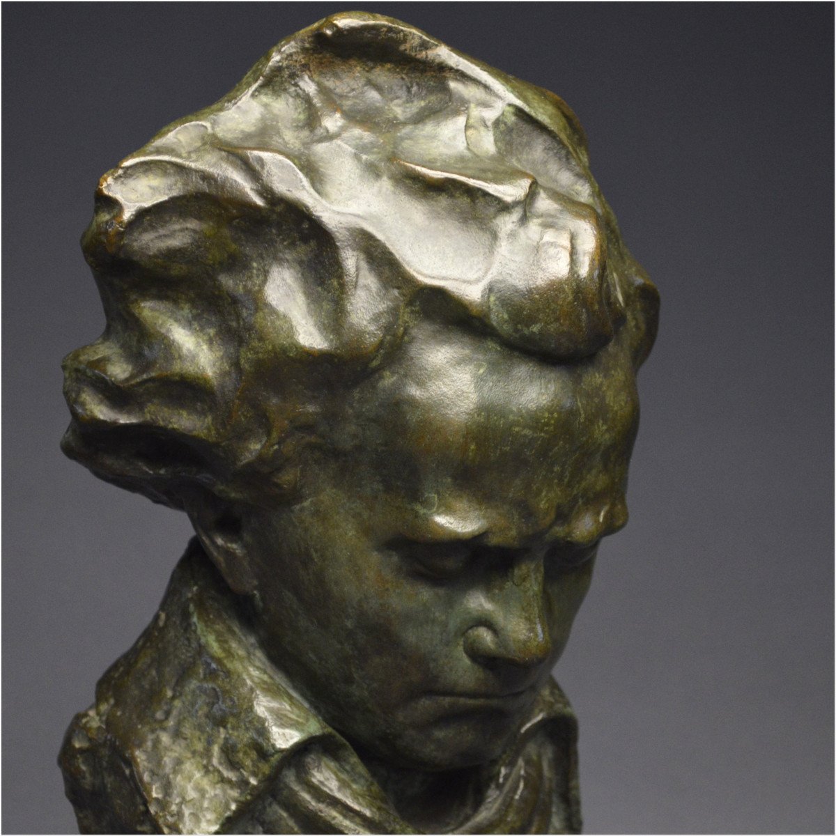 French School, Late 19th - Early 20th Century, Important Bust Representation Of Ludwig Van Beethoven, Bronze With Green Patina-photo-3