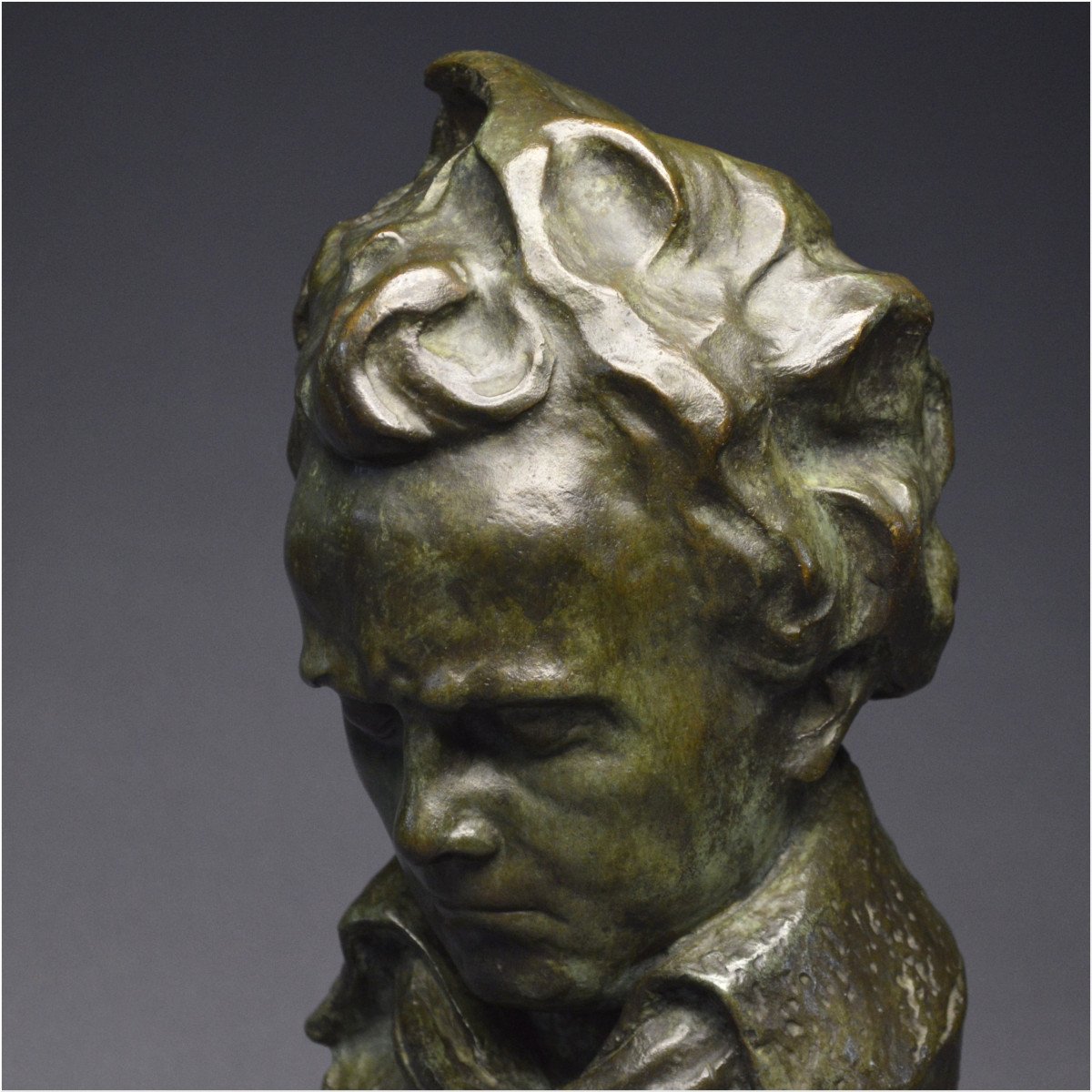 French School, Late 19th - Early 20th Century, Important Bust Representation Of Ludwig Van Beethoven, Bronze With Green Patina-photo-4