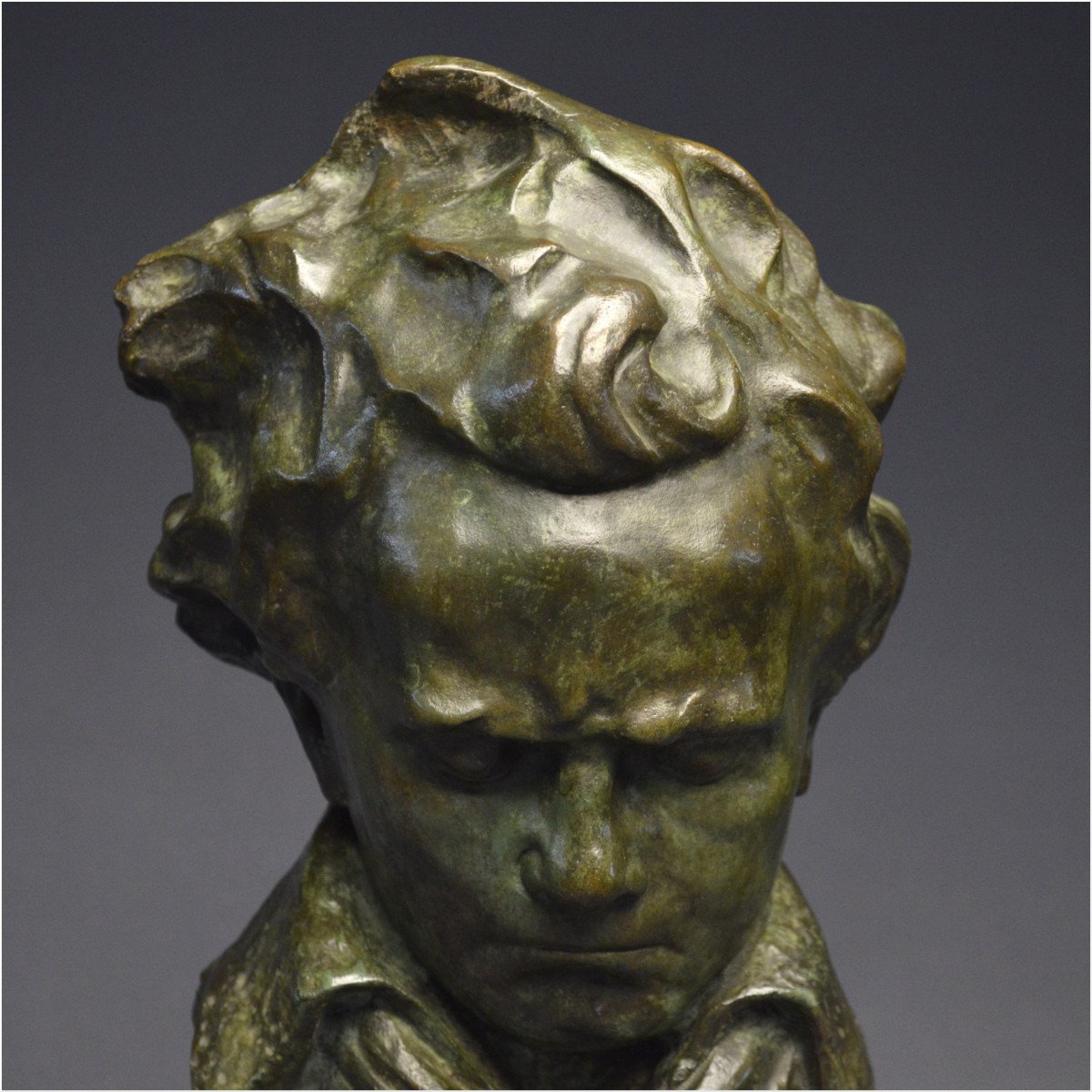 French School, Late 19th - Early 20th Century, Important Bust Representation Of Ludwig Van Beethoven, Bronze With Green Patina-photo-5