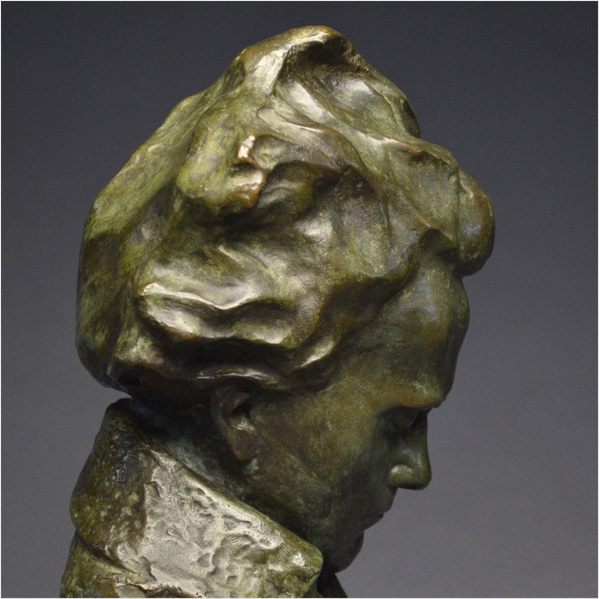 French School, Late 19th - Early 20th Century, Important Bust Representation Of Ludwig Van Beethoven, Bronze With Green Patina-photo-6