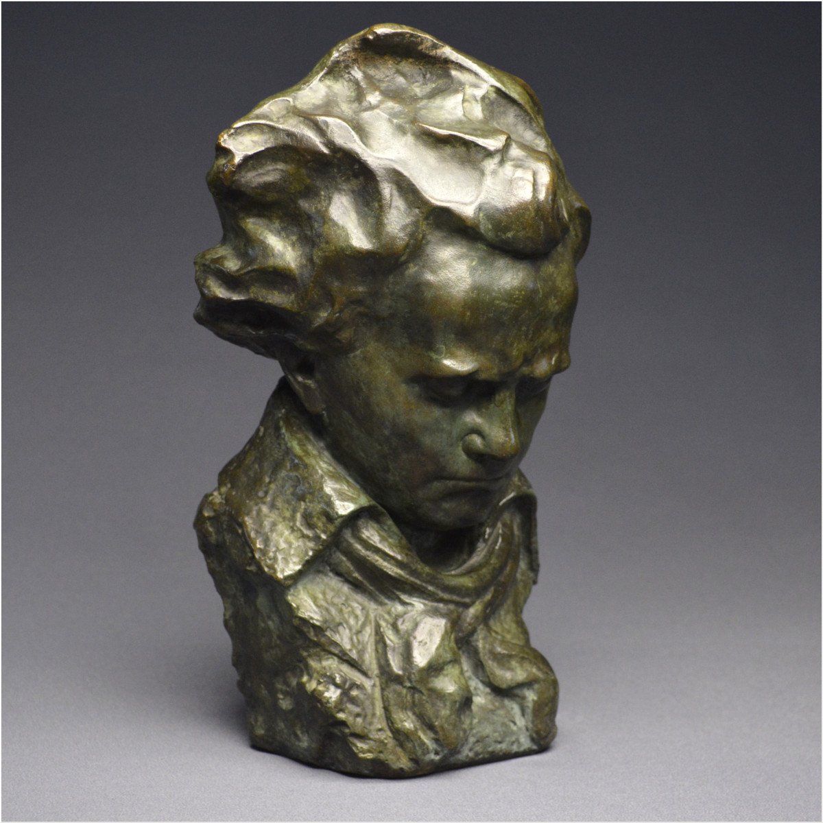 French School, Late 19th - Early 20th Century, Important Bust Representation Of Ludwig Van Beethoven, Bronze With Green Patina