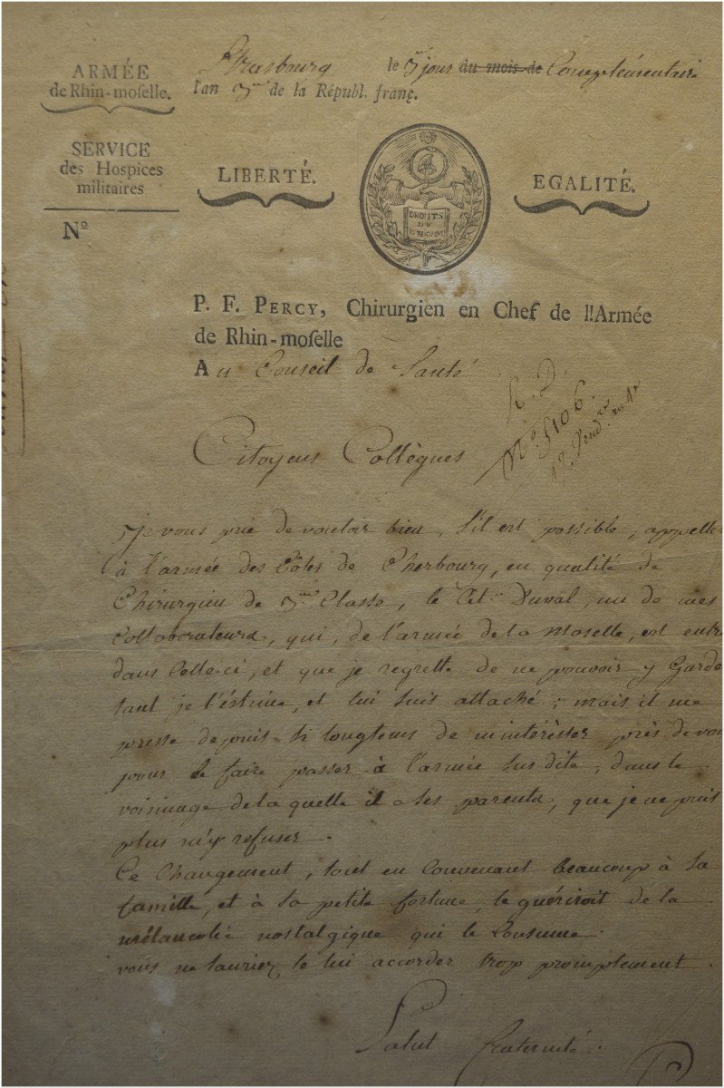 French Revolution, End Of The 18th Century, Handwritten Letter With Revolutionary Letterhead Signed Pierre François Percy, Chief Surgeon Of The Rhine - Moselle Army Dated September 19, 1795, Year III Of The Republic-photo-2