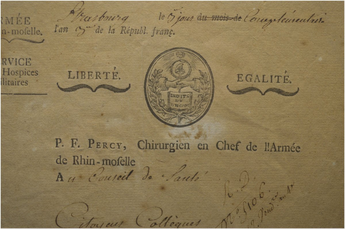 French Revolution, End Of The 18th Century, Handwritten Letter With Revolutionary Letterhead Signed Pierre François Percy, Chief Surgeon Of The Rhine - Moselle Army Dated September 19, 1795, Year III Of The Republic-photo-3