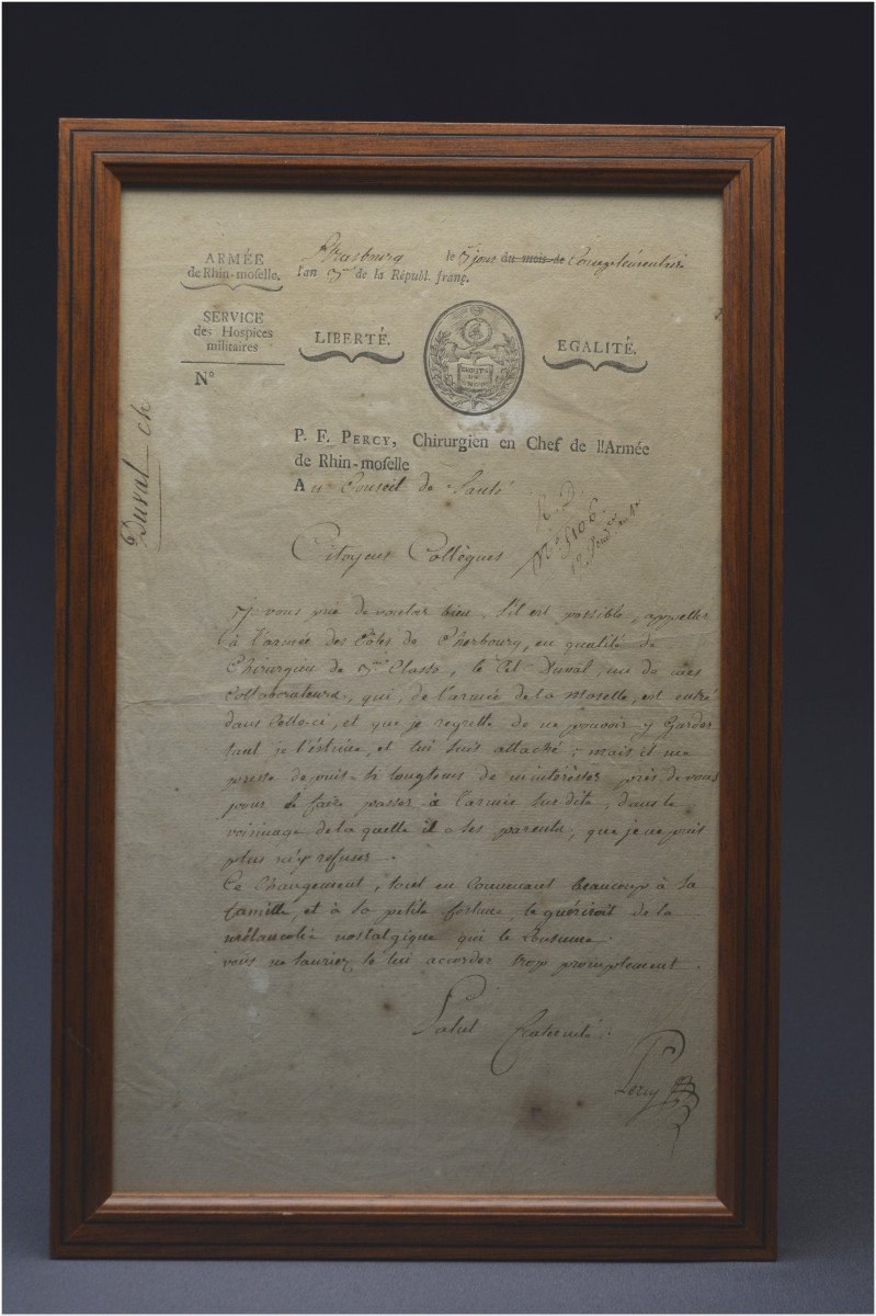 French Revolution, End Of The 18th Century, Handwritten Letter With Revolutionary Letterhead Signed Pierre François Percy, Chief Surgeon Of The Rhine - Moselle Army Dated September 19, 1795, Year III Of The Republic