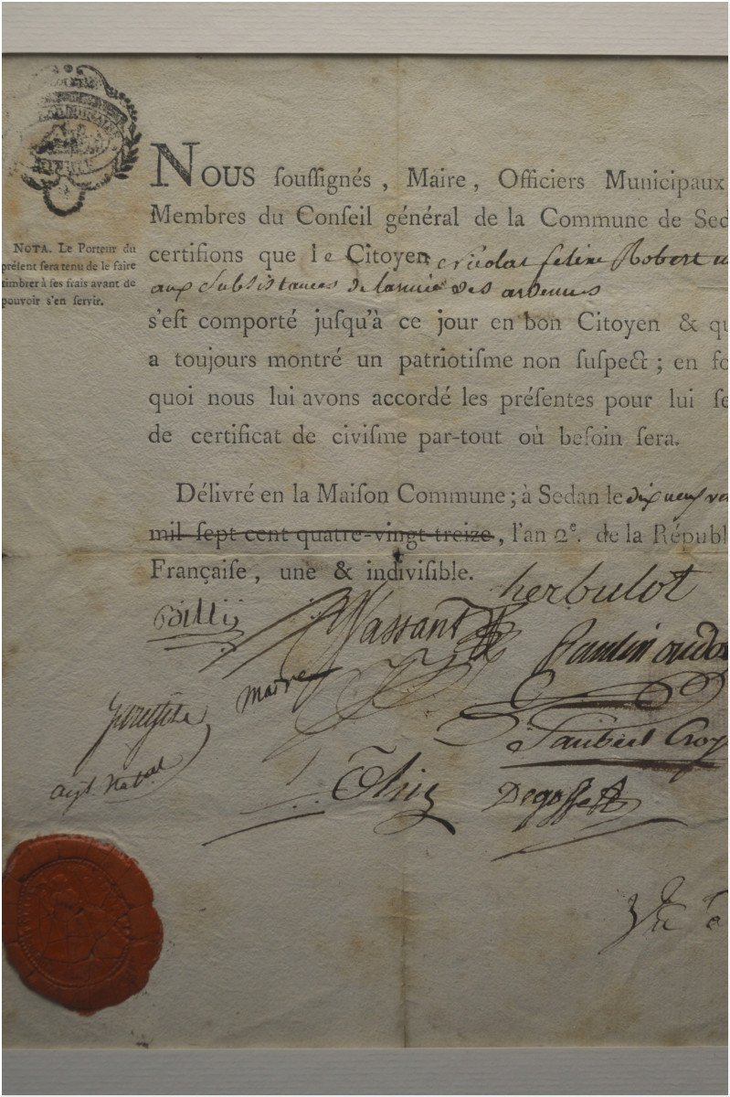 Révolution française, Fin du XVIIIème siècle, 2 documents datés Mars 1794 , l’An II de la République - Rare certificat de civisme de la Municipalité de Sedan et note manuscrite du Comité de Surveillance Révolutionnaire-photo-2