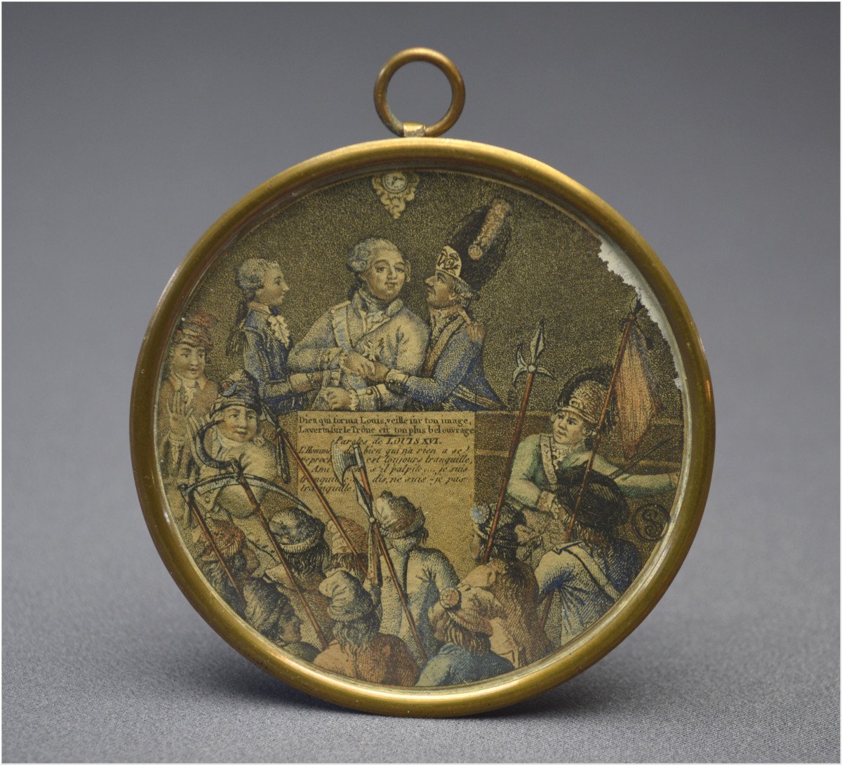 French Revolution, End Of The 18th Century, Rare Color Engraving Forming A Medallion Representing King Louis XVI During The Last Day Of His Trial At The Tuileries Palace By The Convention