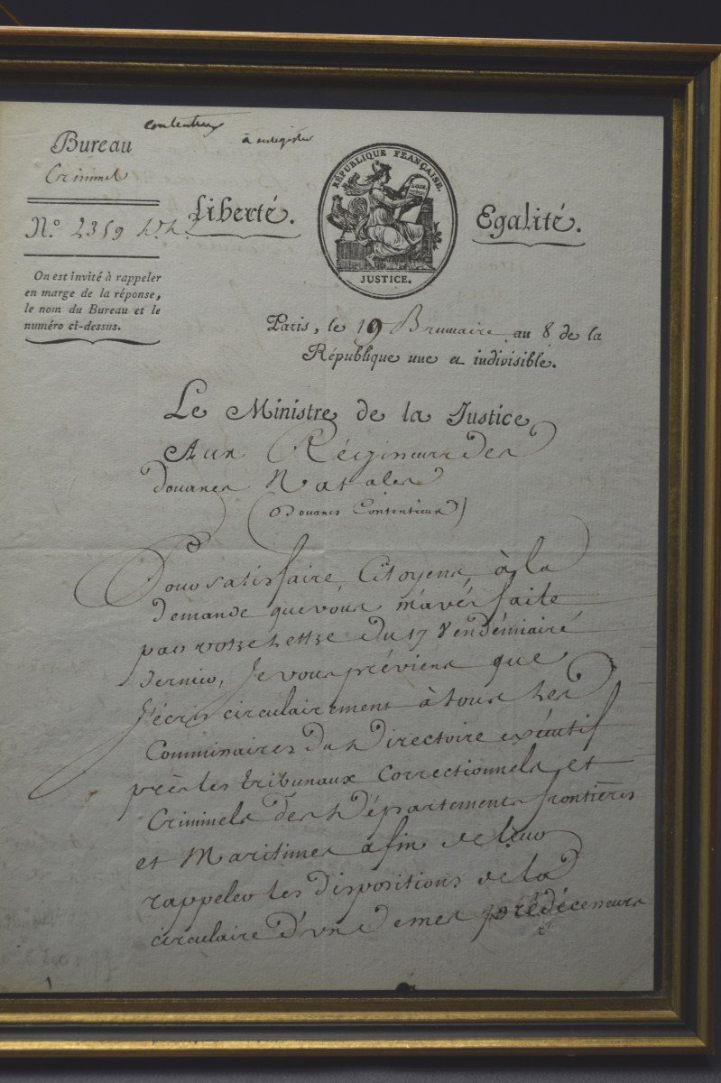  Révolution Française, Fin du XVIIIème siècle, Rare circulaire manuscrite du Ministre de la Justice Cambacérès sur l’interdiction des marchandises anglaises, Datée du 19 Brumaire de l’An VIII au lendemain du coup d’État de Bonaparte-photo-3