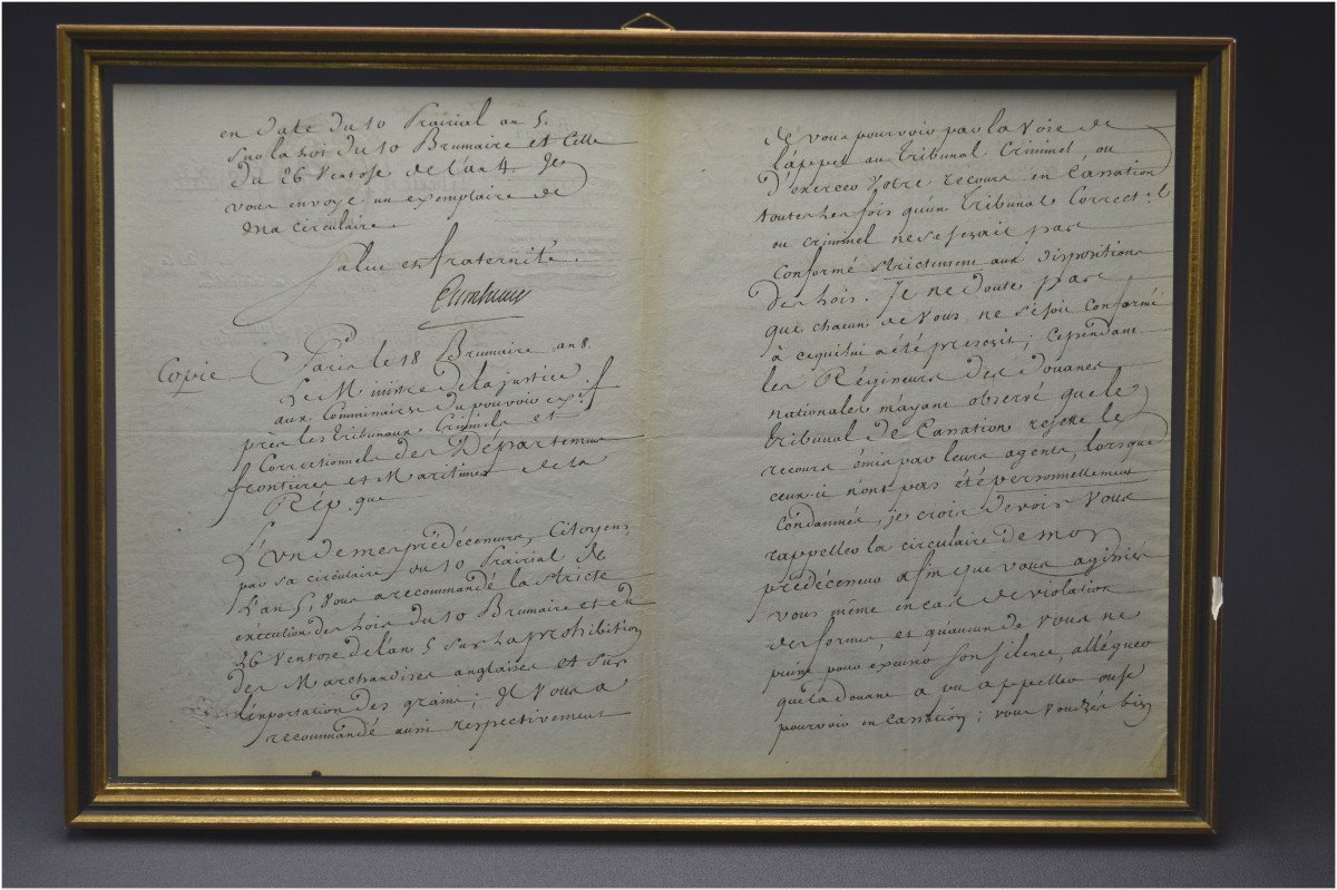  Révolution Française, Fin du XVIIIème siècle, Rare circulaire manuscrite du Ministre de la Justice Cambacérès sur l’interdiction des marchandises anglaises, Datée du 19 Brumaire de l’An VIII au lendemain du coup d’État de Bonaparte-photo-1