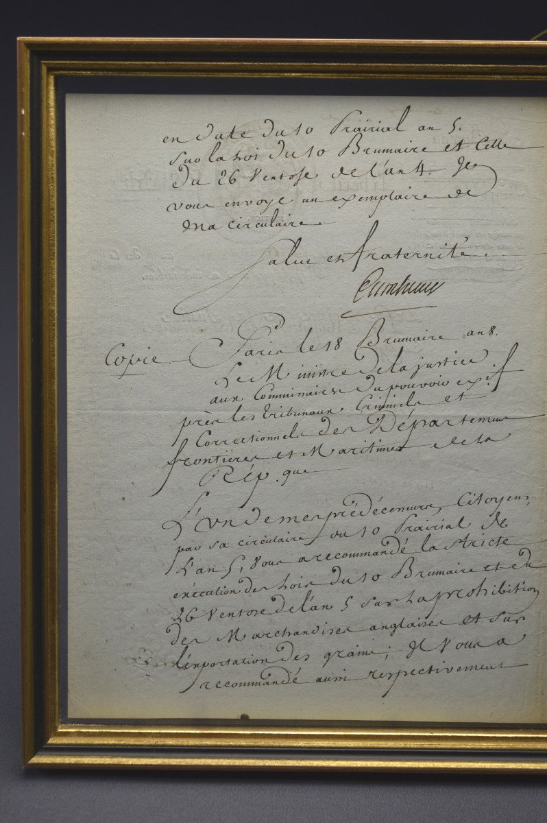  Révolution Française, Fin du XVIIIème siècle, Rare circulaire manuscrite du Ministre de la Justice Cambacérès sur l’interdiction des marchandises anglaises, Datée du 19 Brumaire de l’An VIII au lendemain du coup d’État de Bonaparte-photo-2