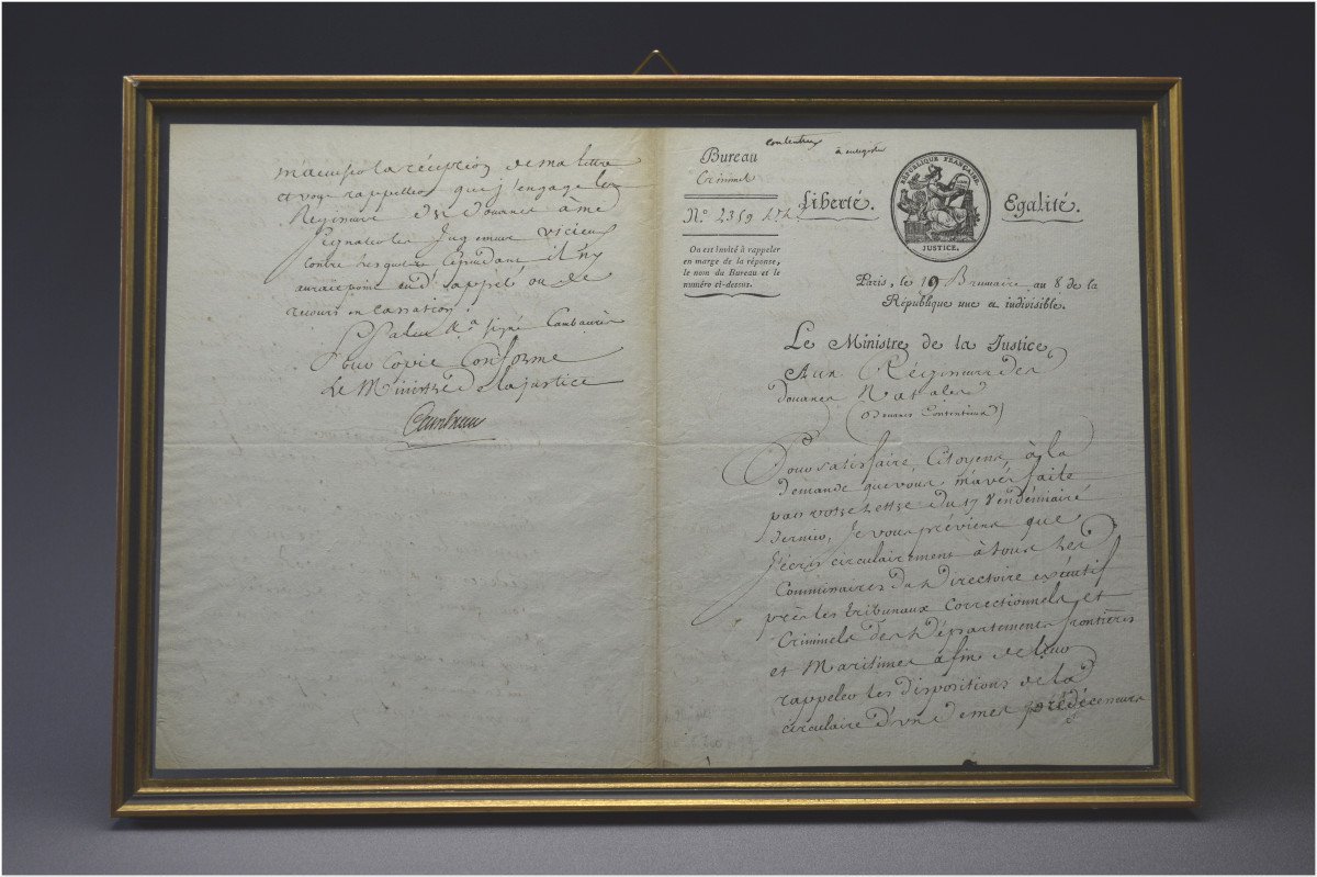  Révolution Française, Fin du XVIIIème siècle, Rare circulaire manuscrite du Ministre de la Justice Cambacérès sur l’interdiction des marchandises anglaises, Datée du 19 Brumaire de l’An VIII au lendemain du coup d’État de Bonaparte