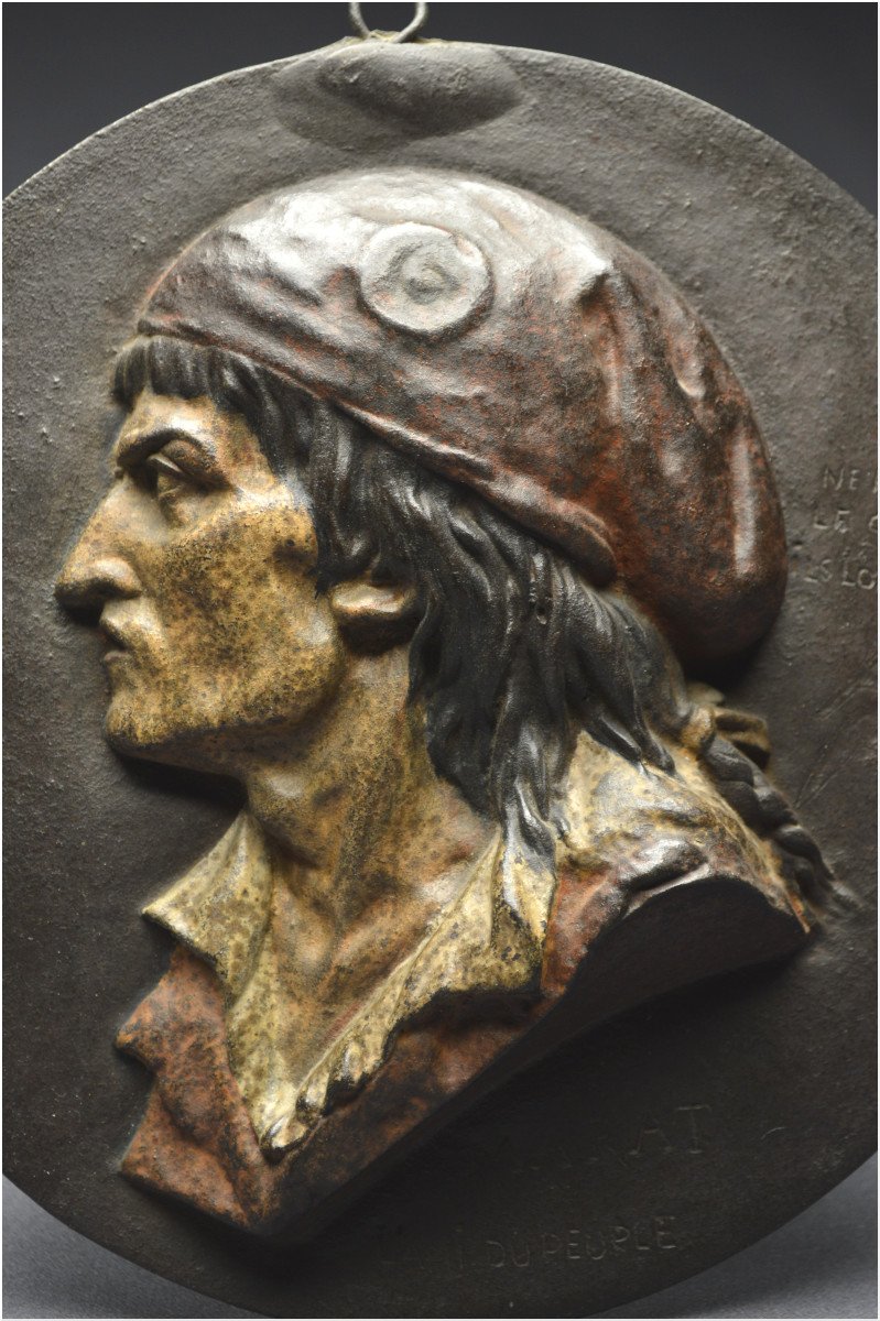 Révolution Française, Fin du XVIIIème siècle, Rare bas-relief en bronze polychrome représentant Jean-Paul Marat-photo-2