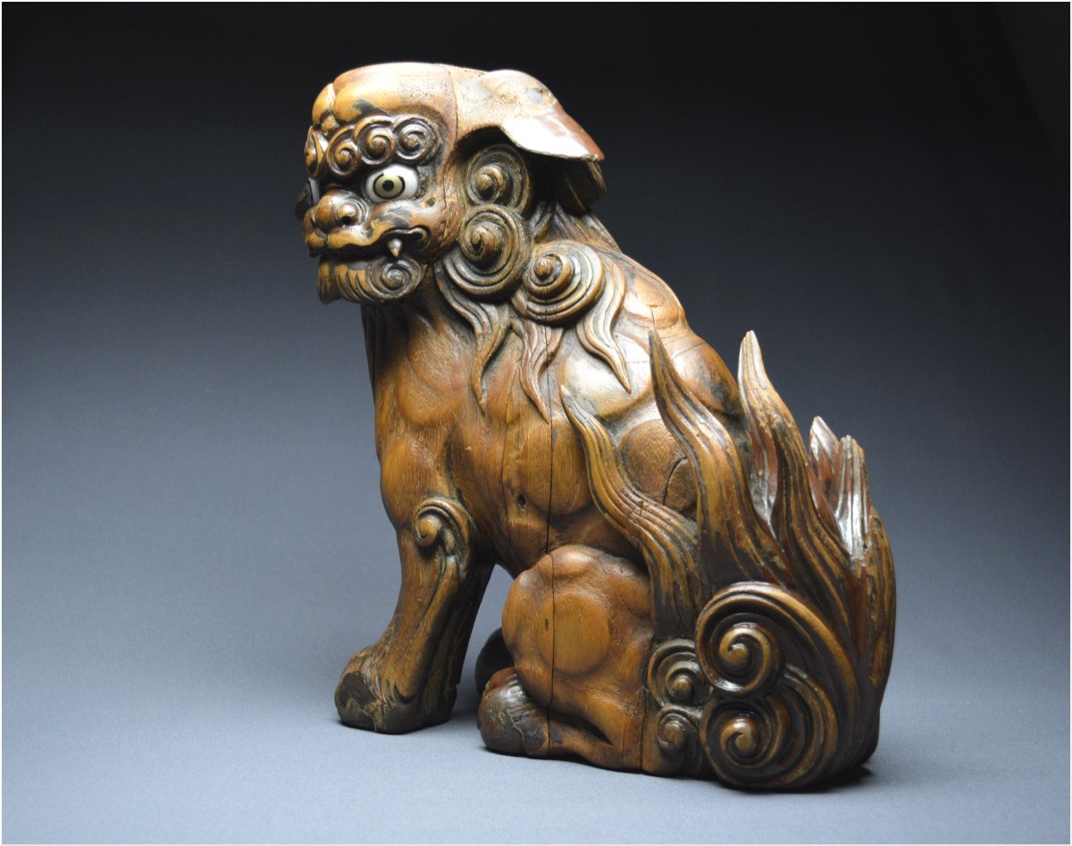 Japon, Époque Edo (1603 - 1867), Important lion gardien en bois avec traces anciennes de laque-photo-3