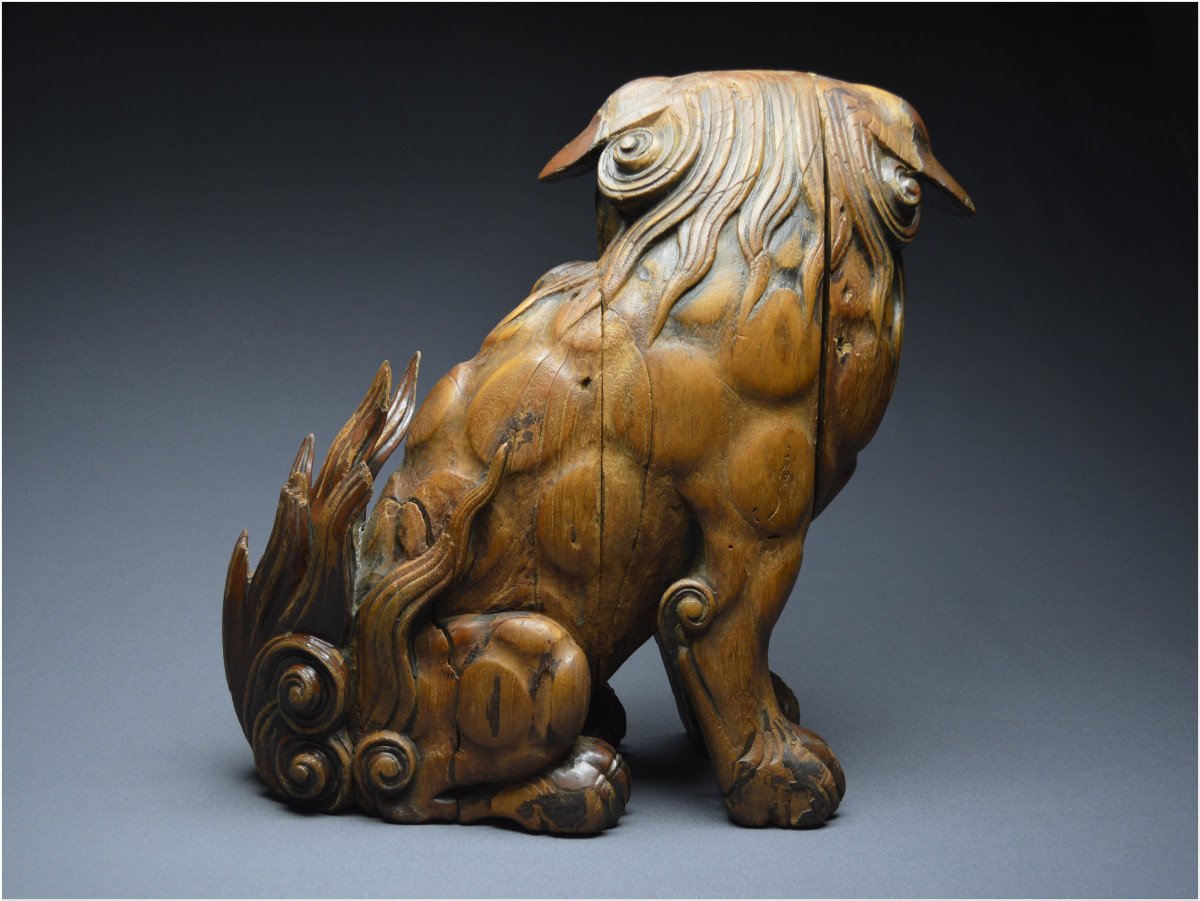 Japon, Époque Edo (1603 - 1867), Important lion gardien en bois avec traces anciennes de laque-photo-2