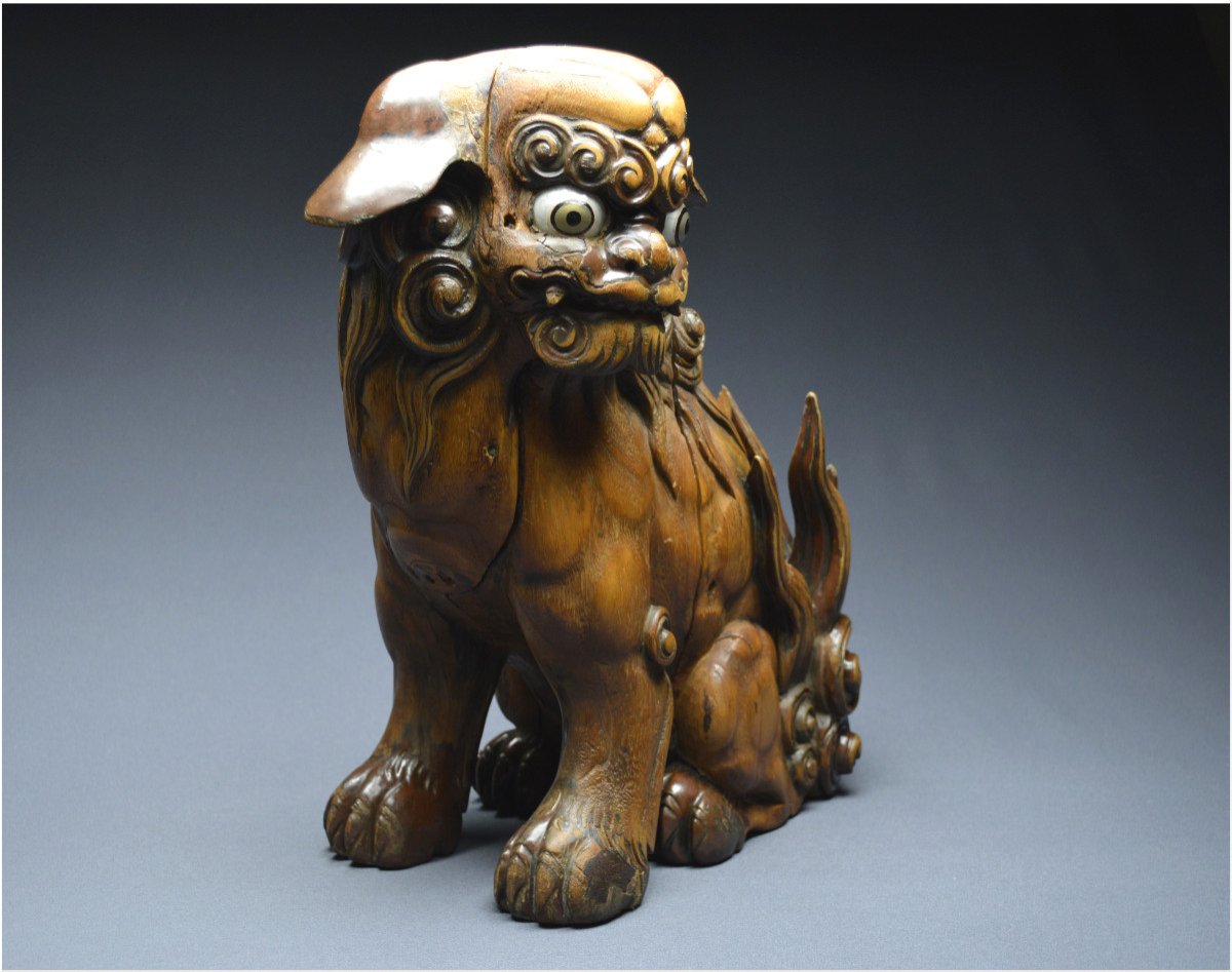 Japon, Époque Edo (1603 - 1867), Important lion gardien en bois avec traces anciennes de laque-photo-5