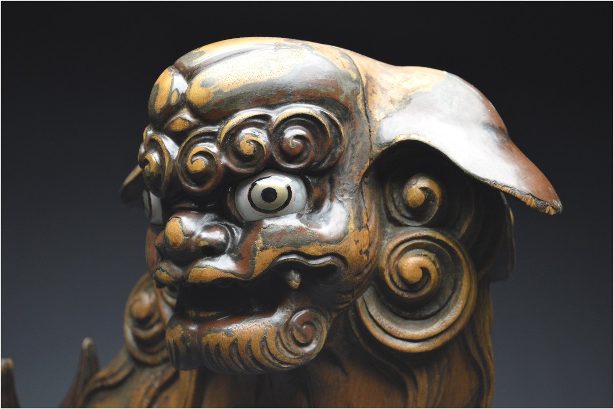 Japon, Époque Edo (1603 - 1867), Important lion gardien en bois avec traces anciennes de laque-photo-4