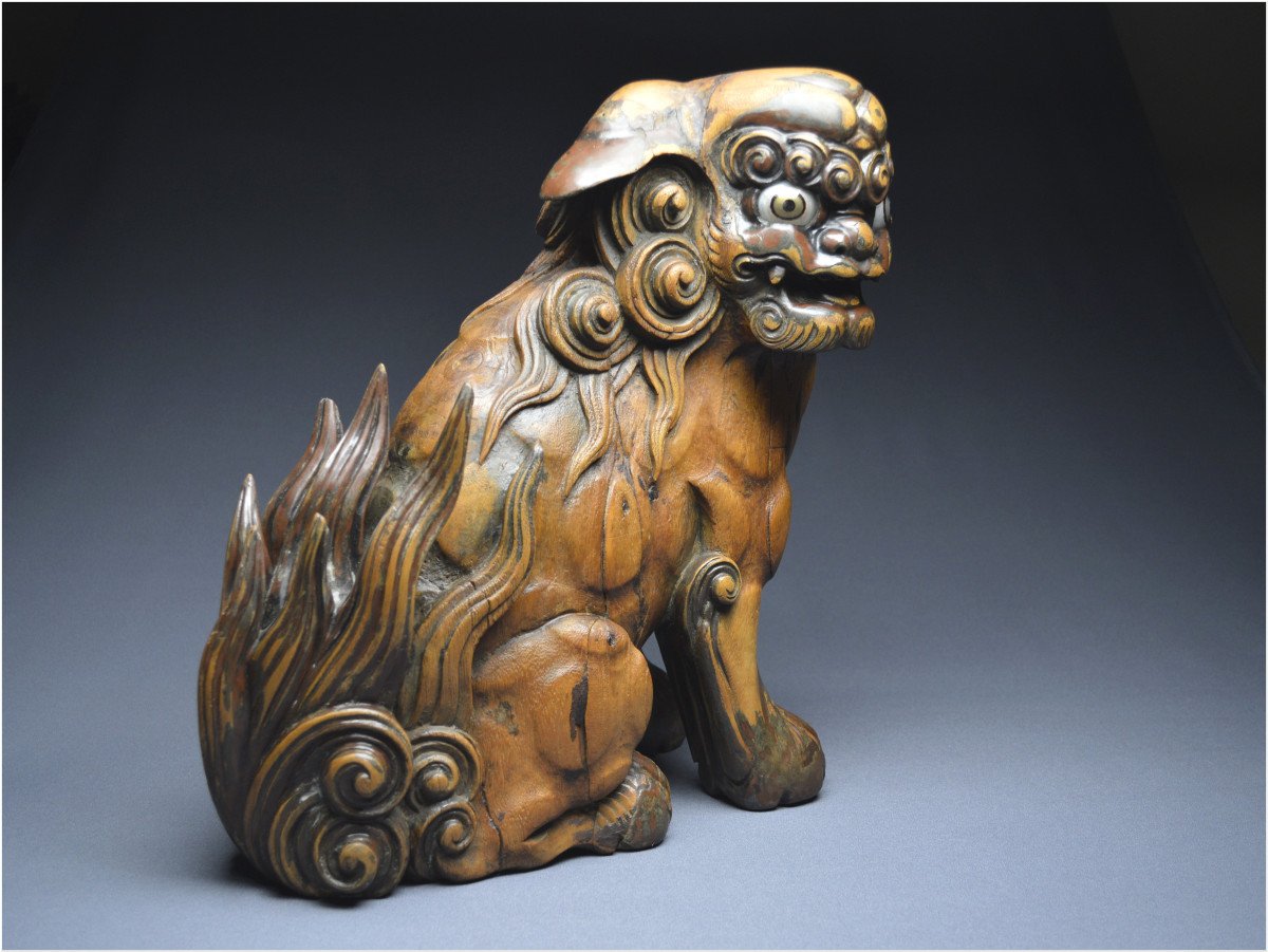 Japon, Époque Edo (1603 - 1867), Important lion gardien en bois avec traces anciennes de laque-photo-6