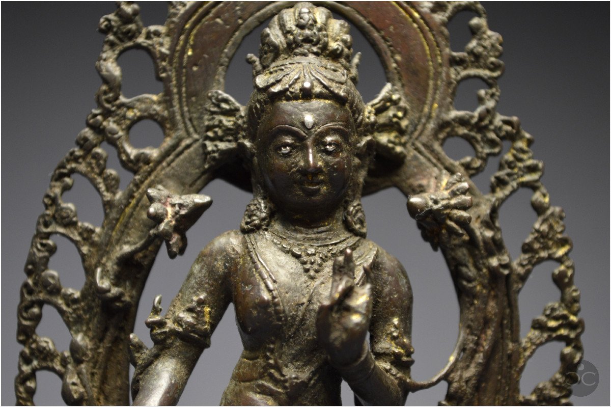 Tibet occidental, XVIème siècle, Représentation de Tara Blanche, Bronze et incrustations d'argent-photo-7