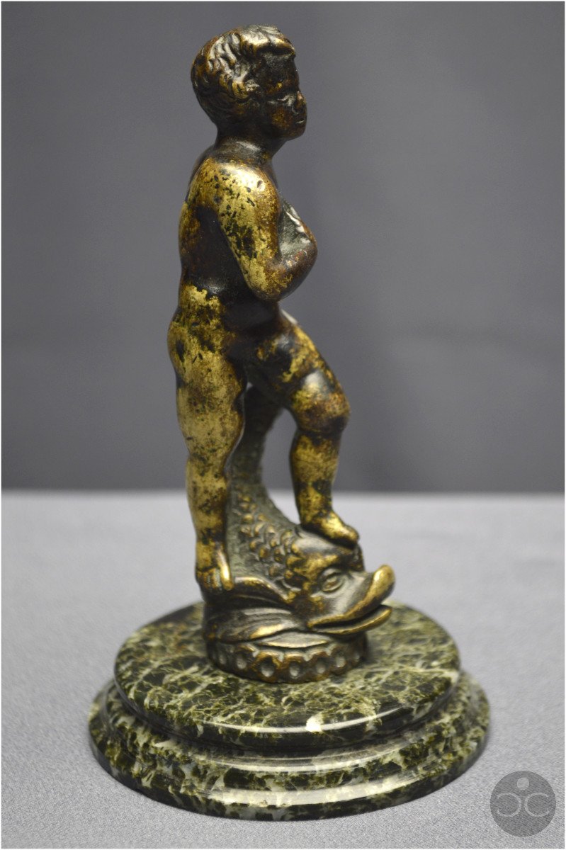 Rennaissance italienne, XVIème siècle, Bronze représentant Neptune enfant juché sur un dauphin-photo-3