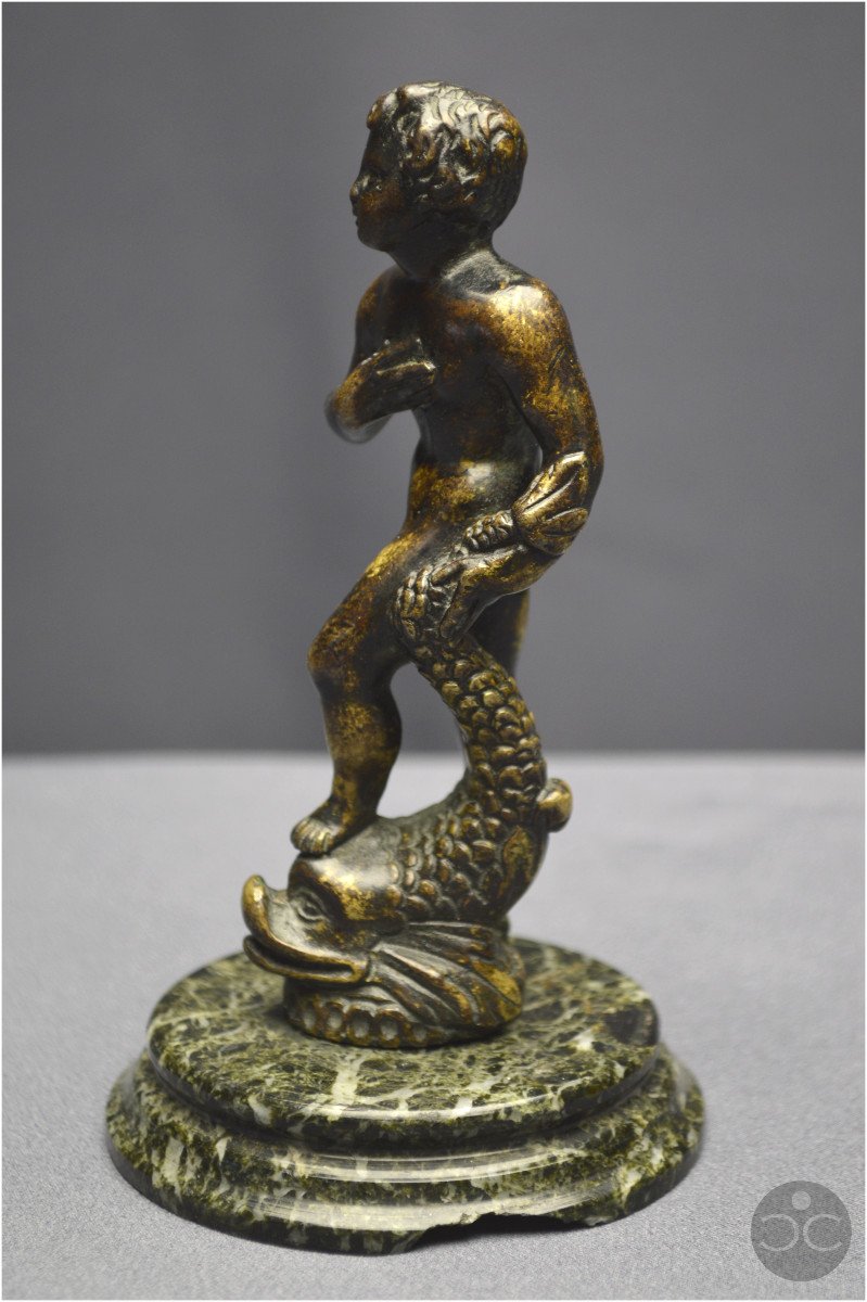 Rennaissance italienne, XVIème siècle, Bronze représentant Neptune enfant juché sur un dauphin-photo-5