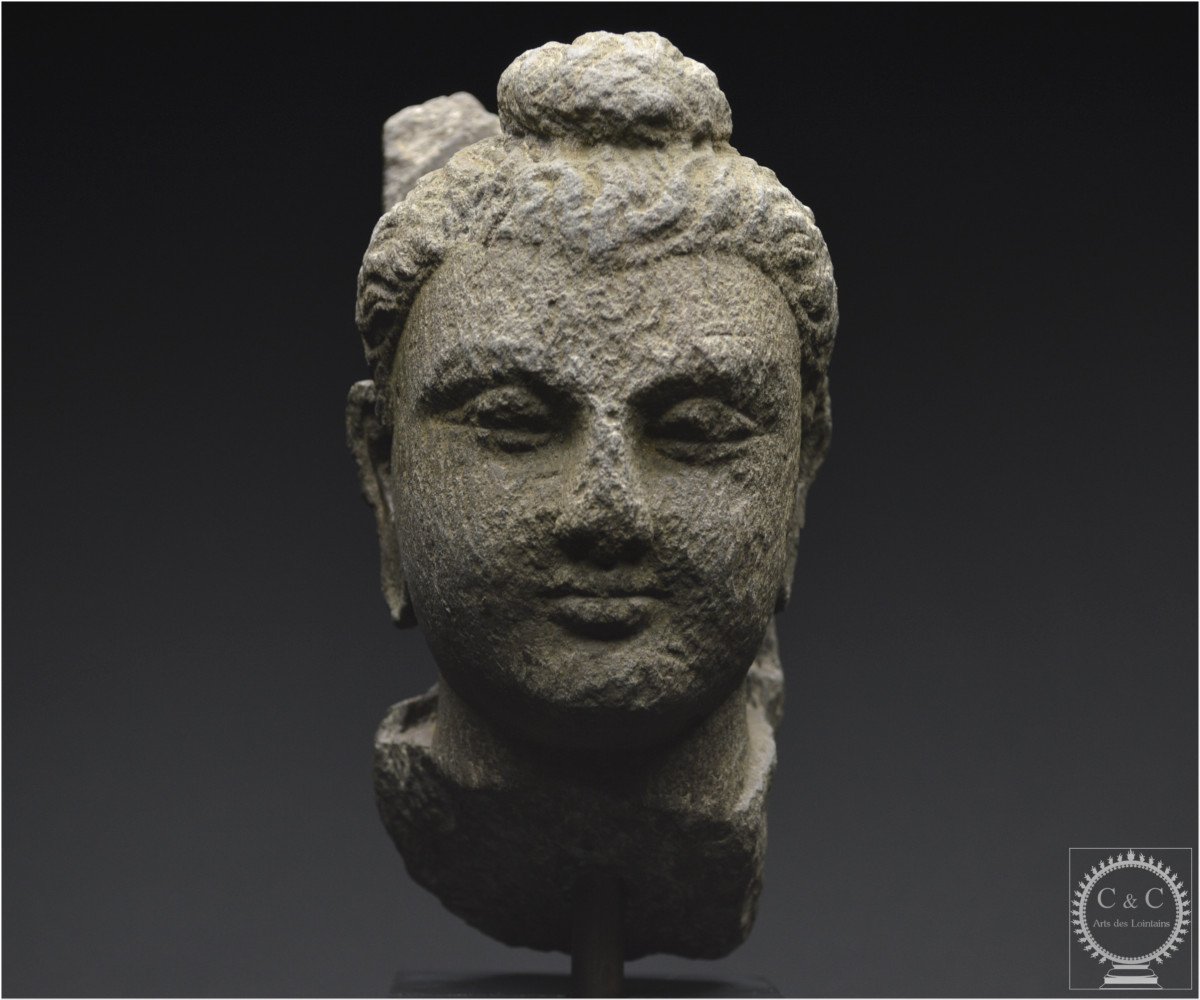 Ancient Gandhara Region, 2nd - 4th Century Ad, Head Of Buddha Shakyamuni, Grey Schist-photo-3