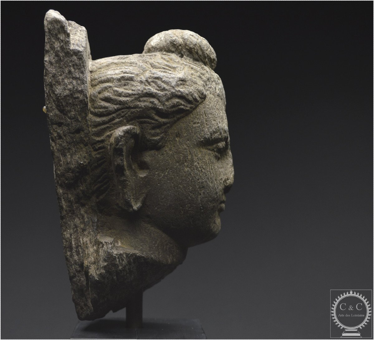 Ancient Gandhara Region, 2nd - 4th Century Ad, Head Of Buddha Shakyamuni, Grey Schist-photo-3