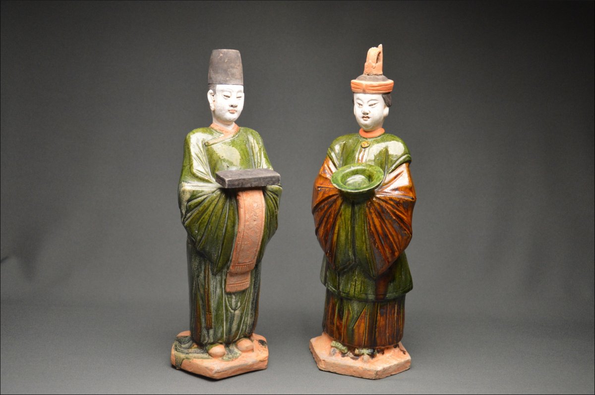 Green And  Amber Glazed Pair Of Terracotta Servants, China, Ming Dynasty