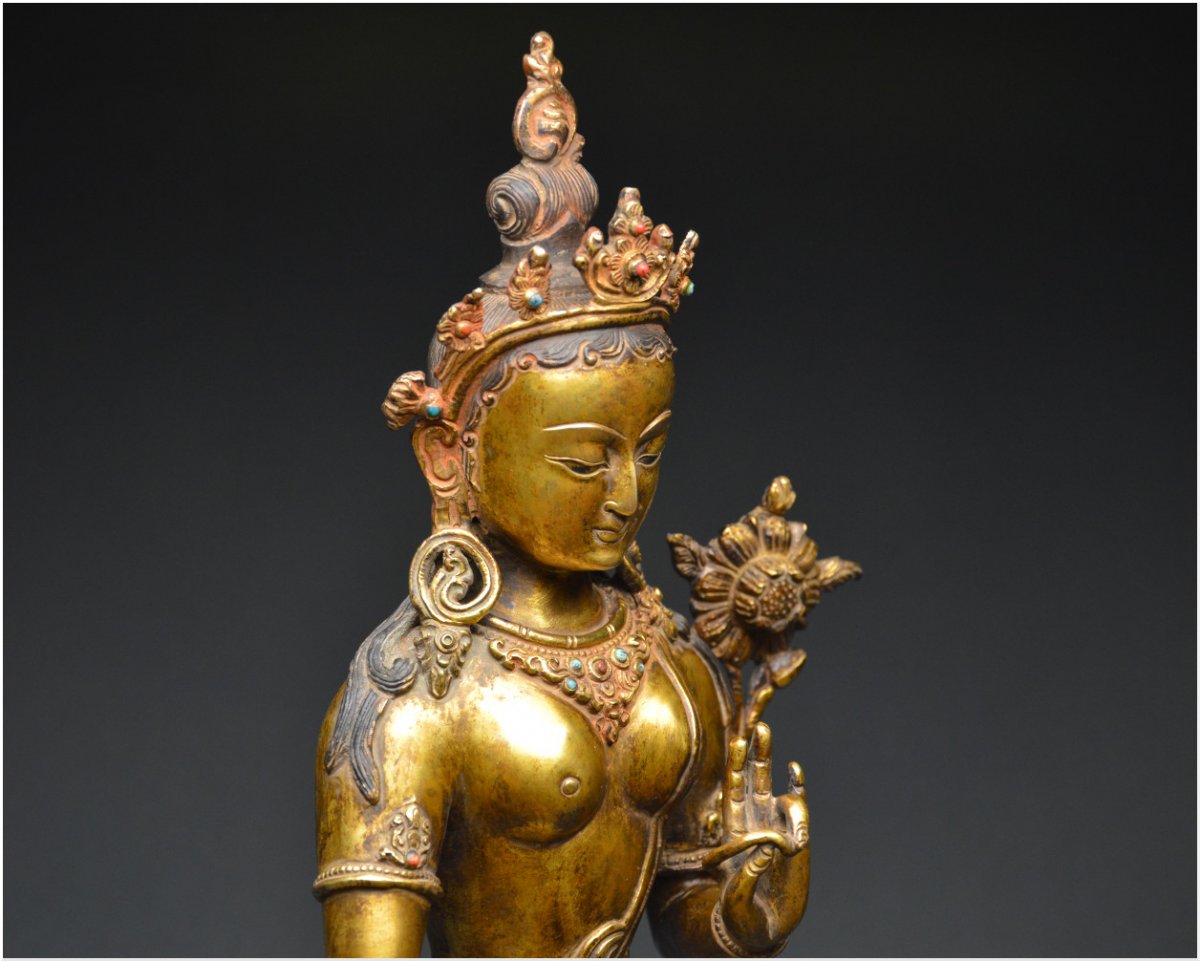 Nepal, XIXth Century, Important Representation Of Tara In Gilded Bronze-photo-3