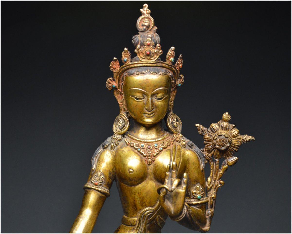 Nepal, XIXth Century, Important Representation Of Tara In Gilded Bronze