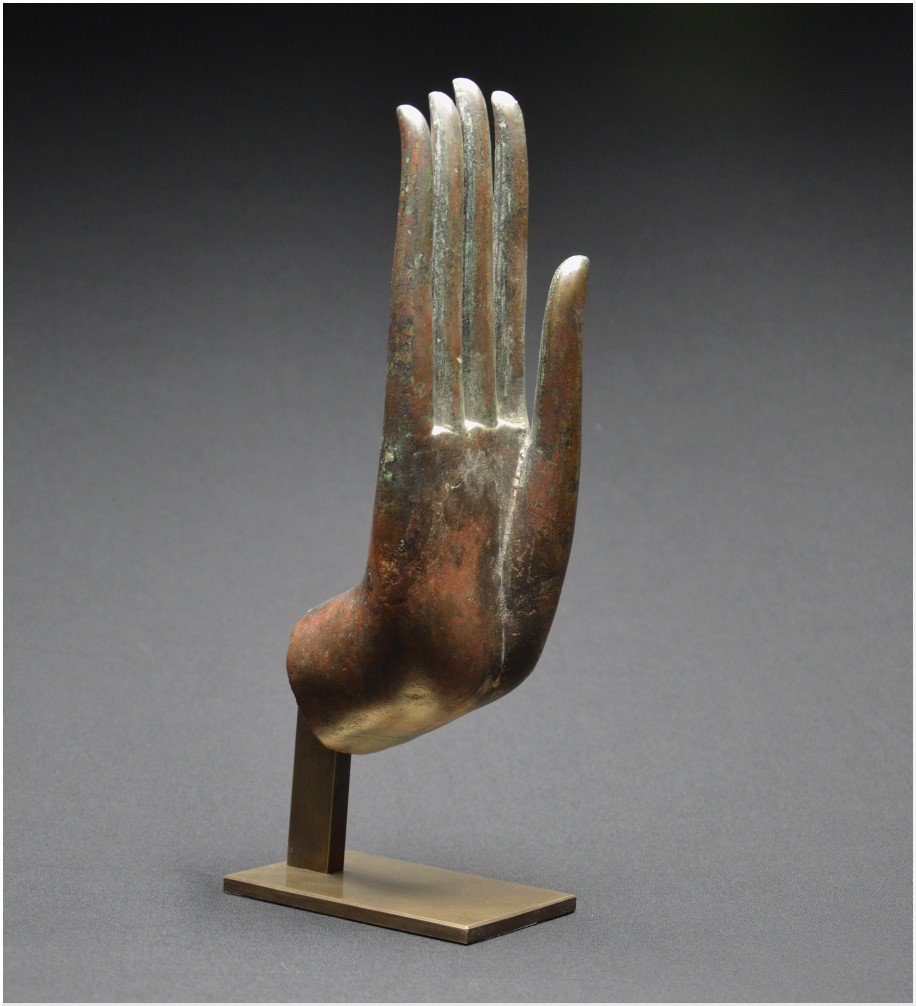 Ancient Kingdom Of Siam, 16th Century, Large Bronze Hand Of Buddha In Abhaya Mudra Position