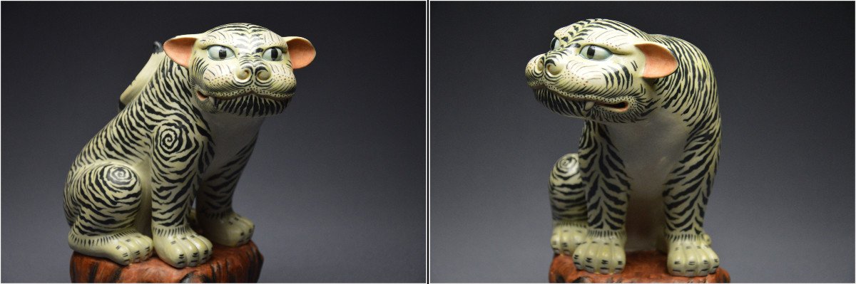 Japon, Période Meiji, Représentation d'un Tora assis sur un éperon rocheux, Grès polychrome vernissé-photo-3