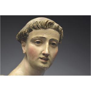 Italie, Ville de Naples, XIXème siècle, Buste de Saint Antoine en terre cuite polychrome