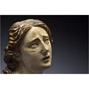 Italie, Ville de Naples, XIXème siècle, Buste de Marie Madeleine en terre cuite polychrome