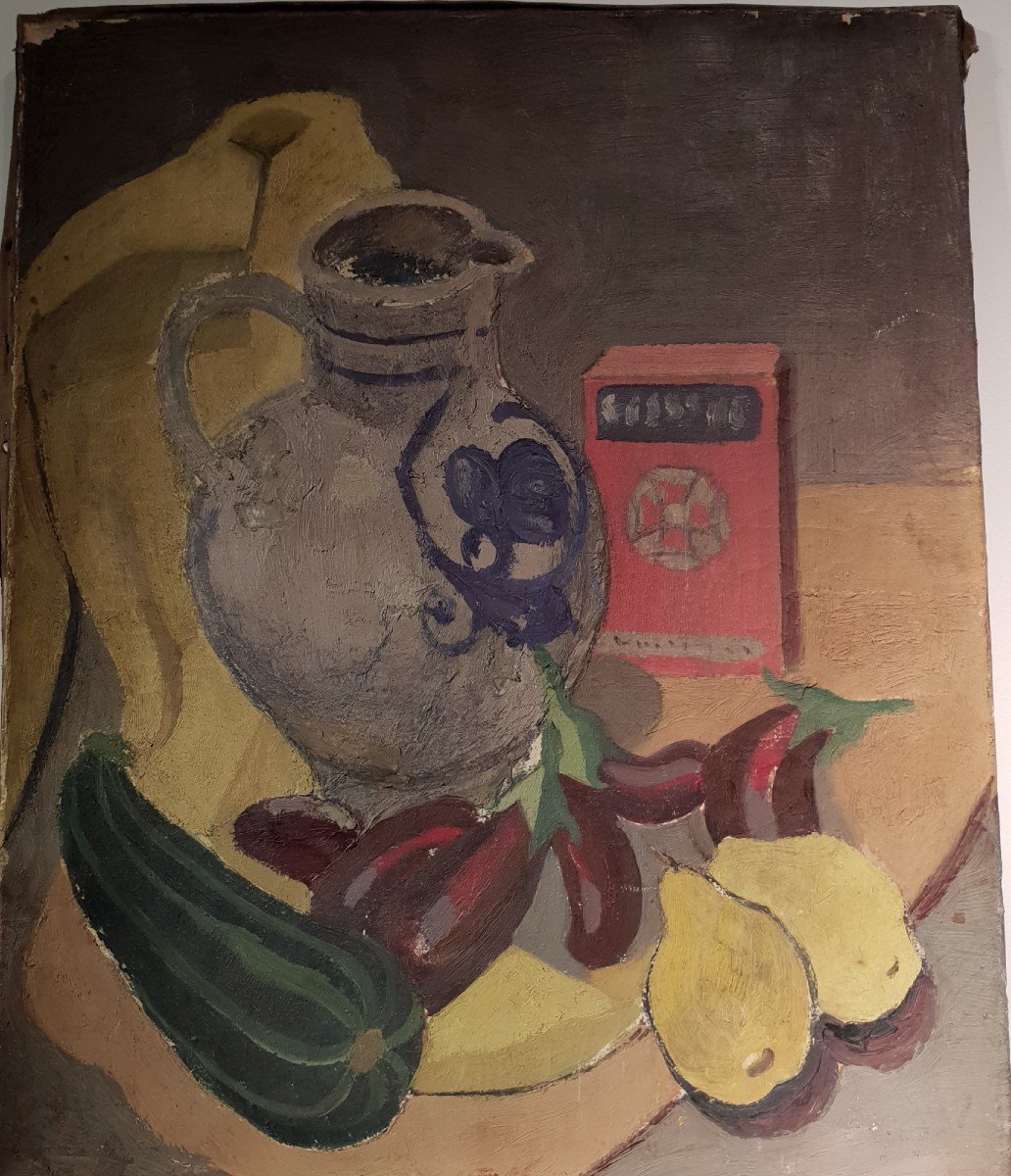 Peinture Huile Sur Toile, Nature Morte Moderniste, Vers 1950-60-photo-2