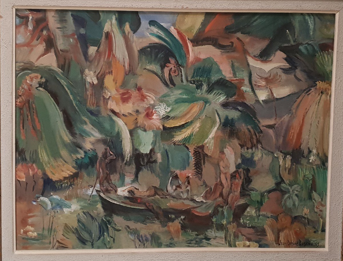 Hst Painting, Palmeraie Scene By Jean Bascoules, Circa 1930, Mouth Frame