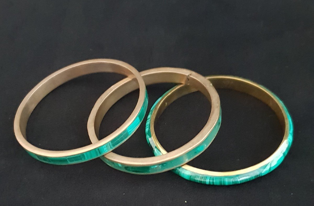 Set Of 3 Bronze And Malachite Bracelets, Circa 1960-photo-2