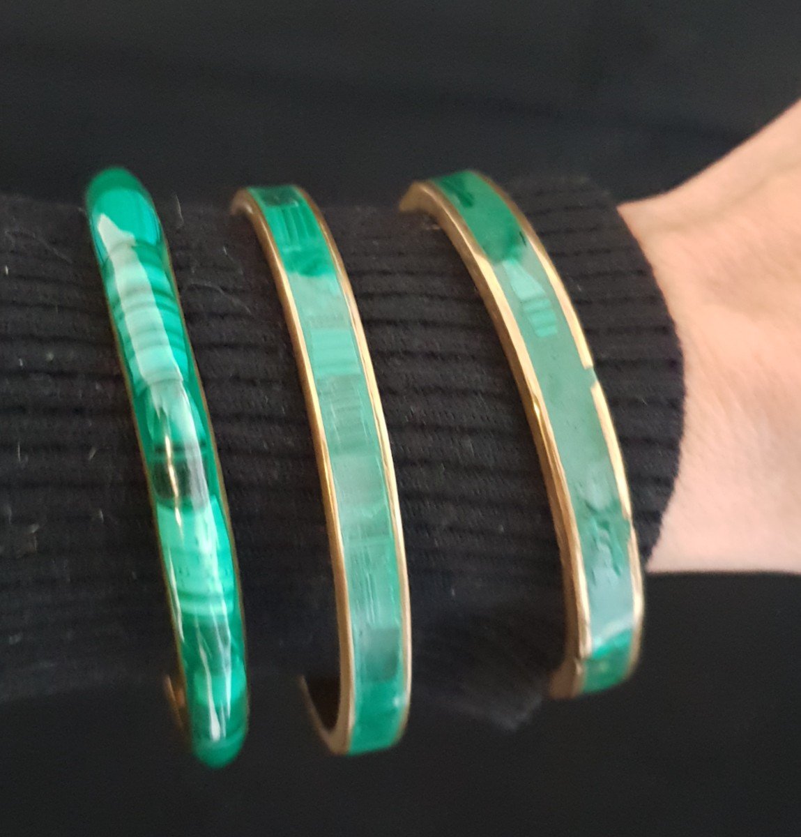 Set Of 3 Bronze And Malachite Bracelets, Circa 1960-photo-1