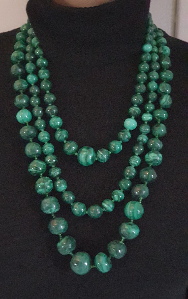 Superb Set Of 3 Genuine And Antique Malachite Round Bead Necklaces -photo-2