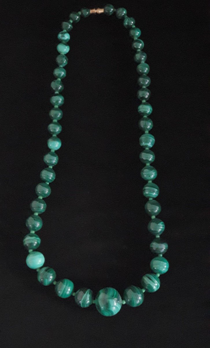 Superb Set Of 3 Genuine And Antique Malachite Round Bead Necklaces -photo-3