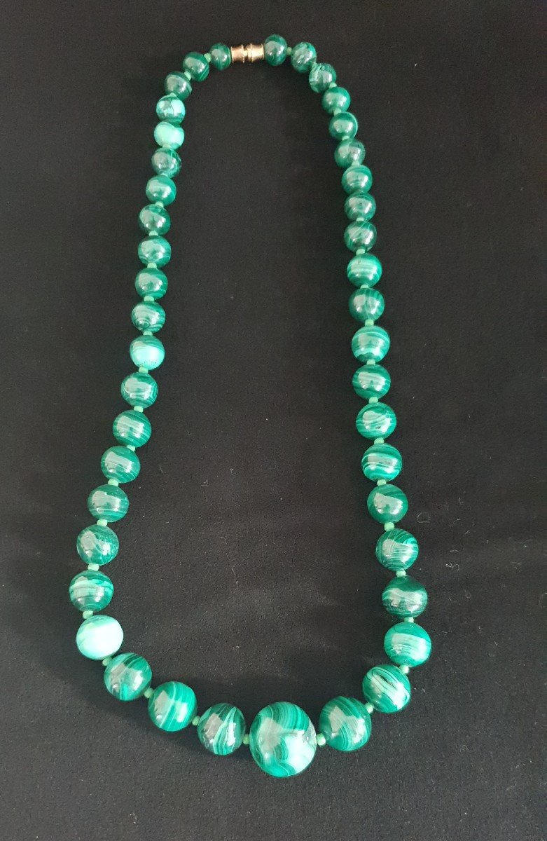 Superb Set Of 3 Genuine And Antique Malachite Round Bead Necklaces -photo-1